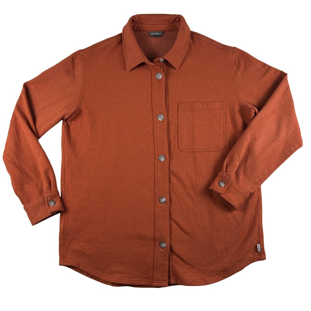 Eddie Bauer Jacket Womens Large Tall Orange Fleece Button Front Shacket Collared